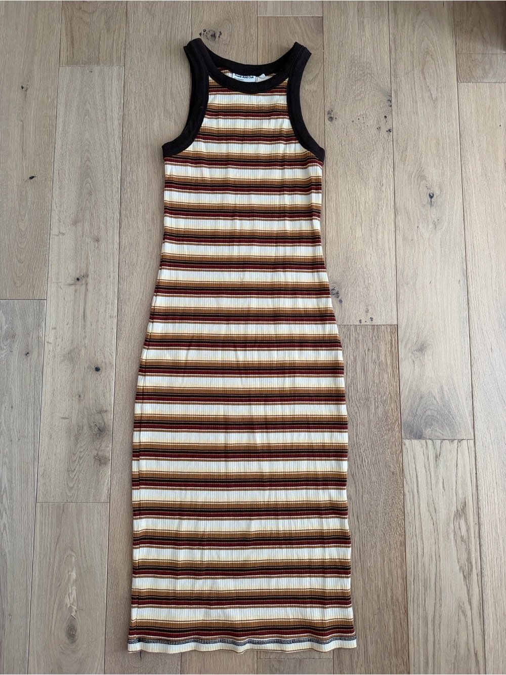 Frank & Oak Ribbed Striped Midi Tank Dress in Cream, Brown & Rust